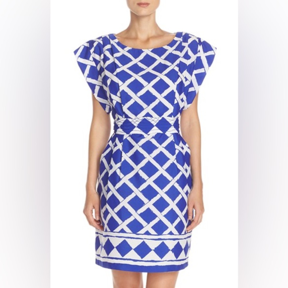 Eliza J Crepe Chine A-Line, Blue White Chinoiserie Bamboo Dress Grandmillenial
